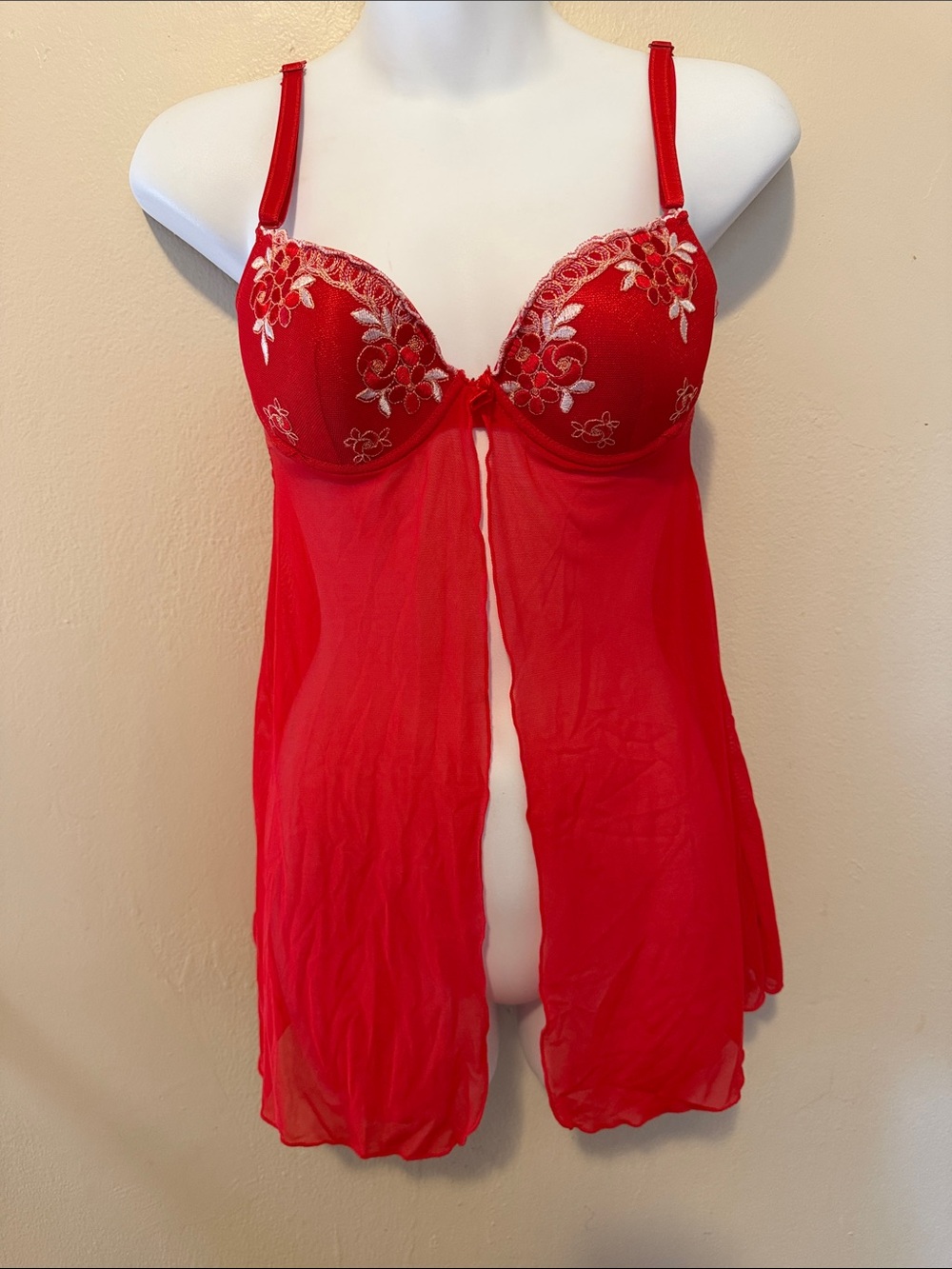 Sheer Red Embroidered Babydoll Chemise with Adjustable Straps